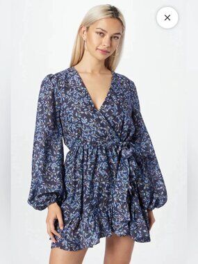 Bardot Dress KIERA Wrap Mini Dress in Blue Floral Print Size XS US Size 2